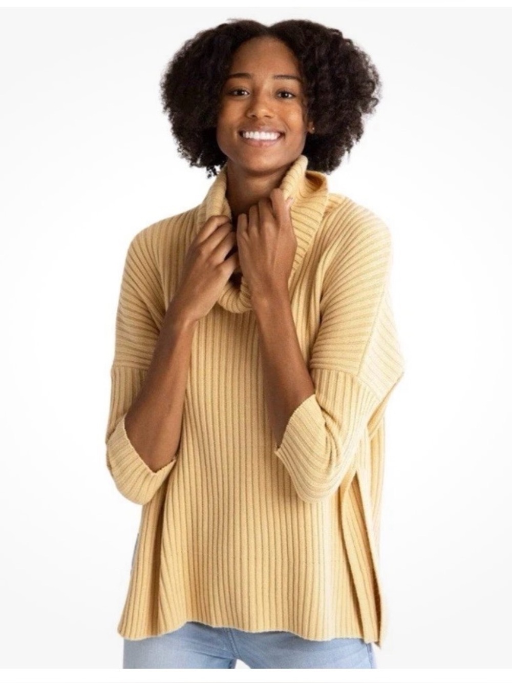 Mersea Golden Butter Yellow New Yorker Ribbed Cowl Sweater Side Slit Size OS